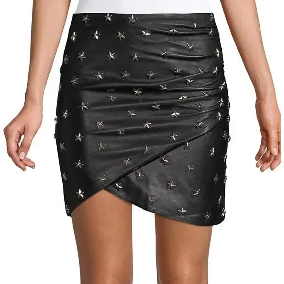 Alice + Olivia Fidela Black Silver Stars Stud Drape 100% Leather Mini Skirt 0 - Picture 1 of 9
